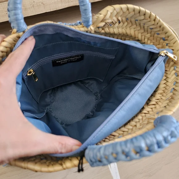 Caterina Bertini Fringe Straw Mini Tote Blue Made In Italy - Picture 6 of 17